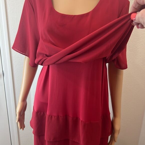 BFA Classics Dress Red Maxi Short Sleeve Slimming Lined Keyhole Button Neck - Picture 4 of 9